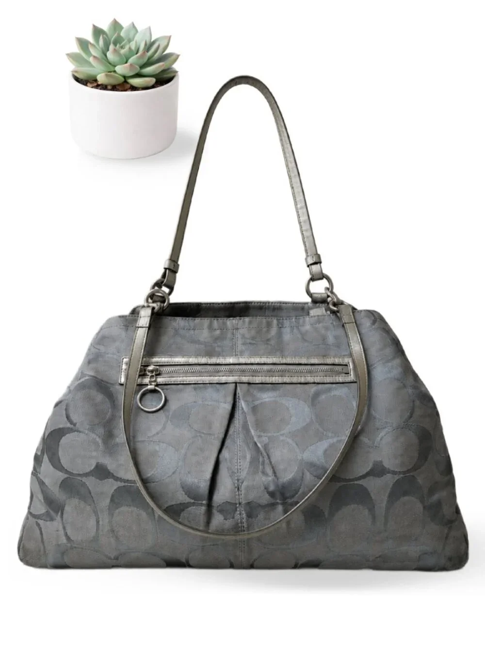 Coach Gabby Signature Gray Silver Carryall Tote Bag Purple Lining F14863 Large